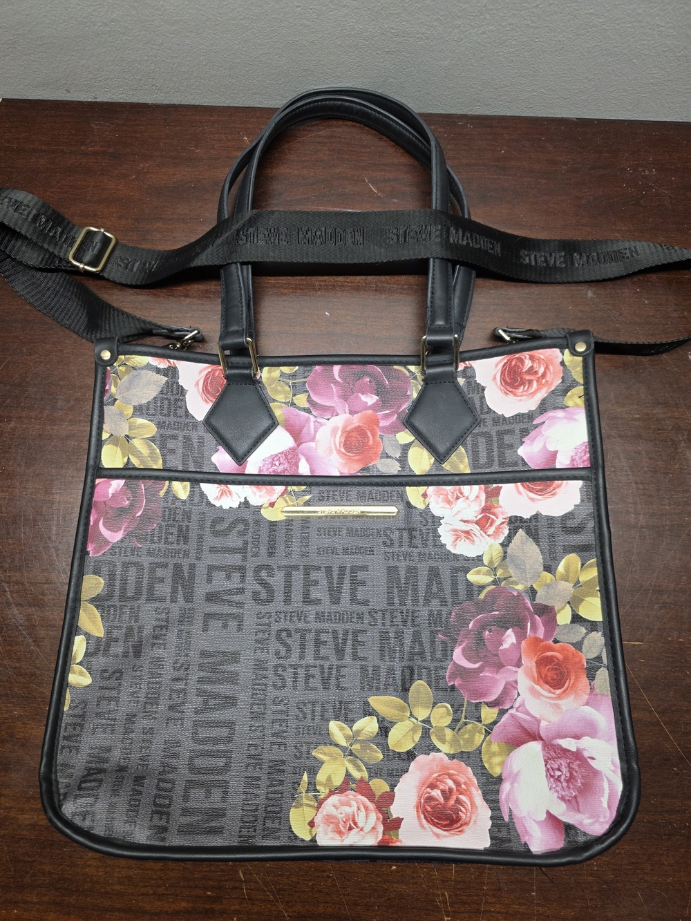 Steve Madden Floral Logo Tote Bag in Black and Pink